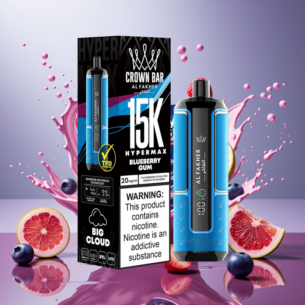 Partihandel Sverige Al Fakher Crown Bar 15K Hypermax Blåbärs Tuggummi 22ml 600mAh Type-C