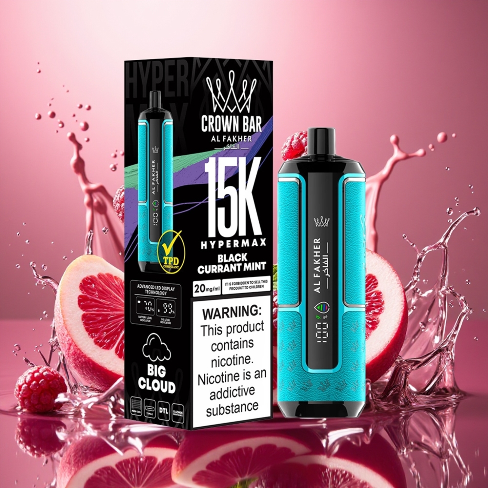 Partihandel Sverige Al Fakher Crown Bar 15K Hypermax Engångs Vape Kit Svartvinbär Mynta