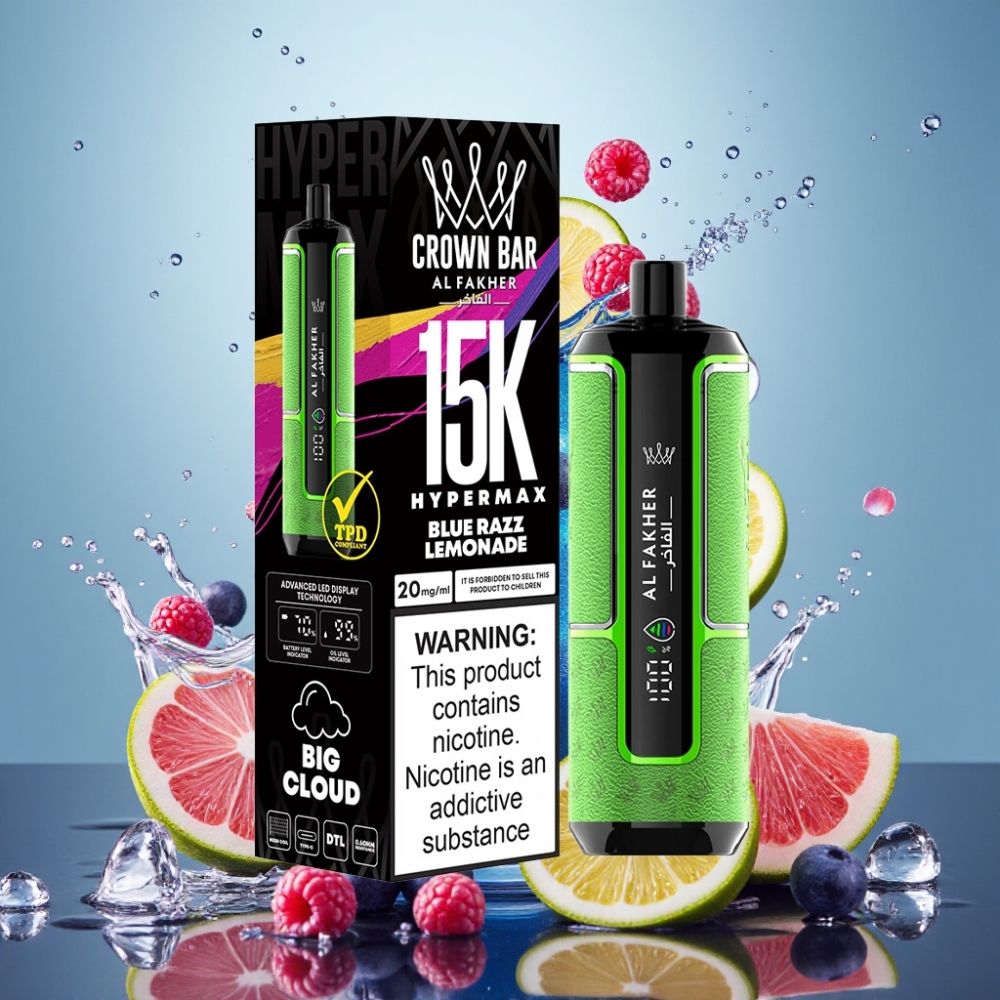 Partihandel Sverige Al Fakher Crown Bar 15K Hypermax Engångsvape Blå Hallon & Citron 22ml 600mAh