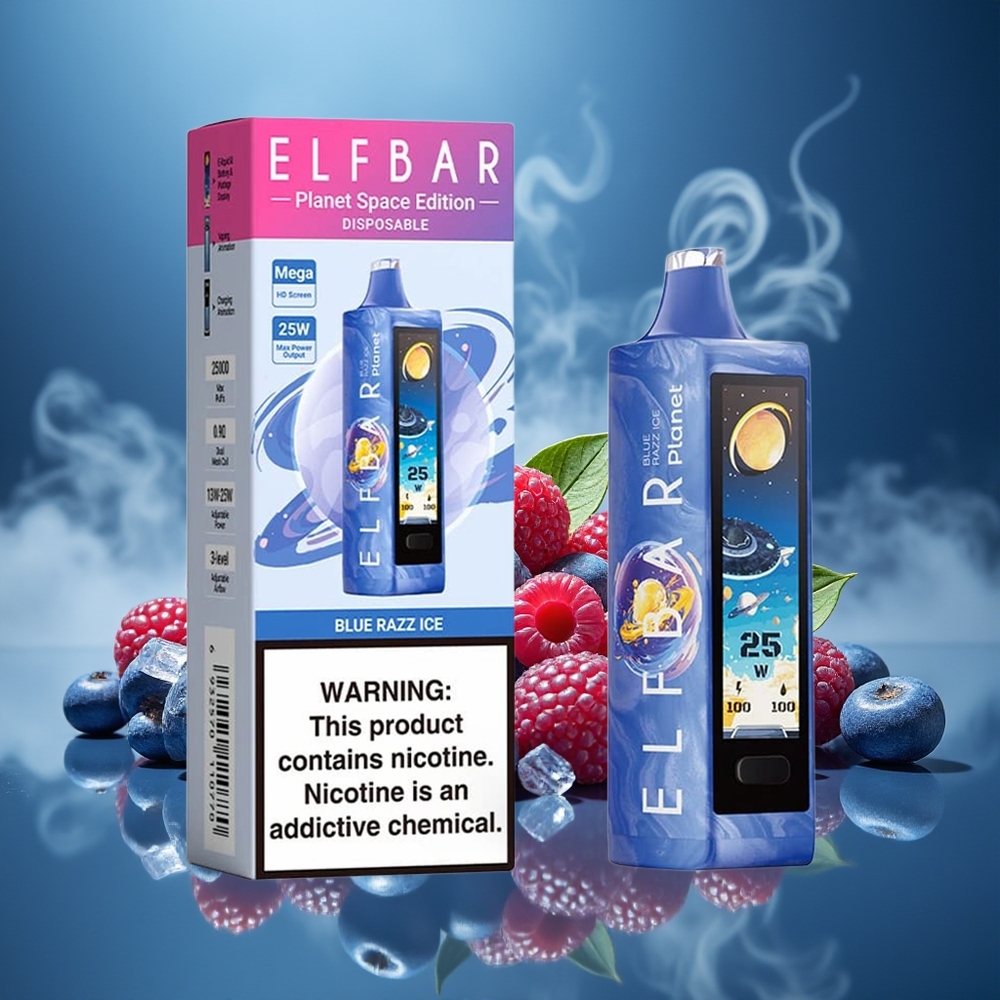 Partihandel Sverige Elf Bar Planet 25000 Puffs Disposable Blå Hallon Is 18ml Mesh 800mAh