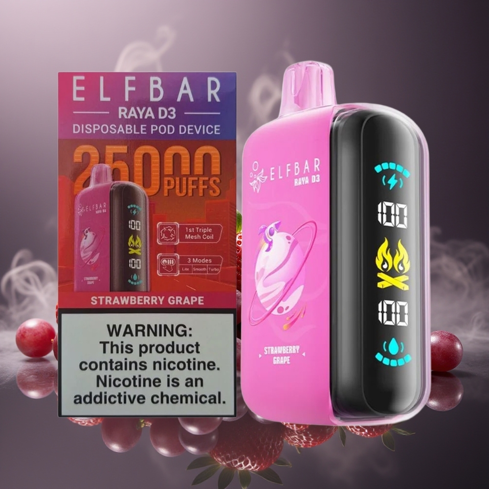 Partihandel Sverige ELF BAR RAYA D3 25000 Puffs Engångs E-Cigg Jordgubb Druva 23ml 5% Type-C