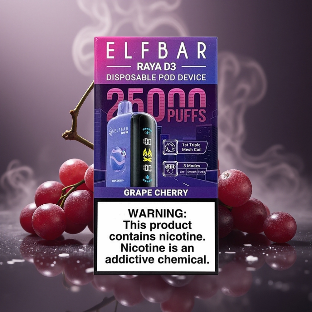 Partihandel Sverige ELF BAR RAYA D3 25000 Puffs Laddningsbar Druva Körsbär 23ml 5% Typ-C