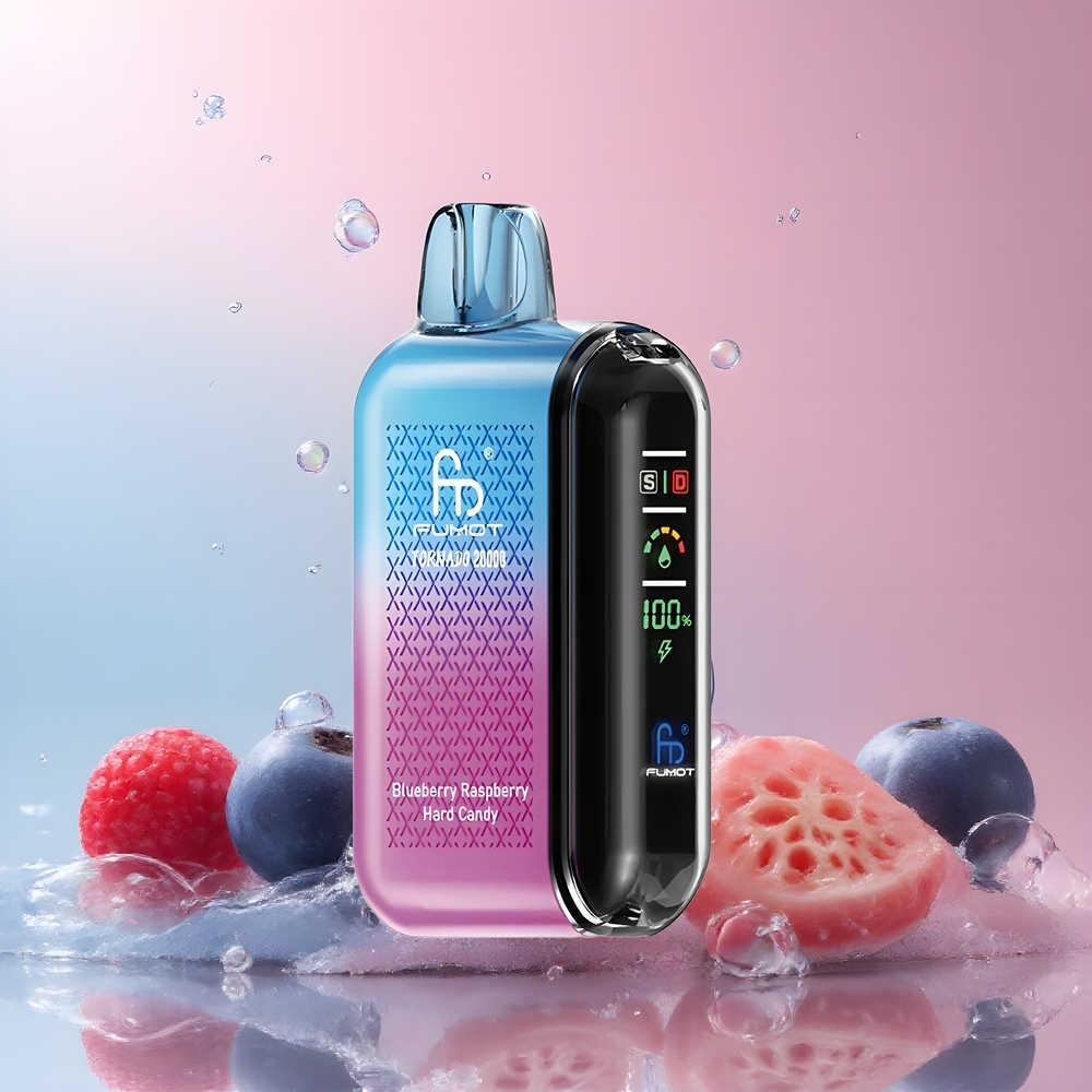 Partihandel Sverige Fumot Tornado 20000 Puffs Blåbär Hallon Hårdgodis Dual Mesh Coil Smart Display