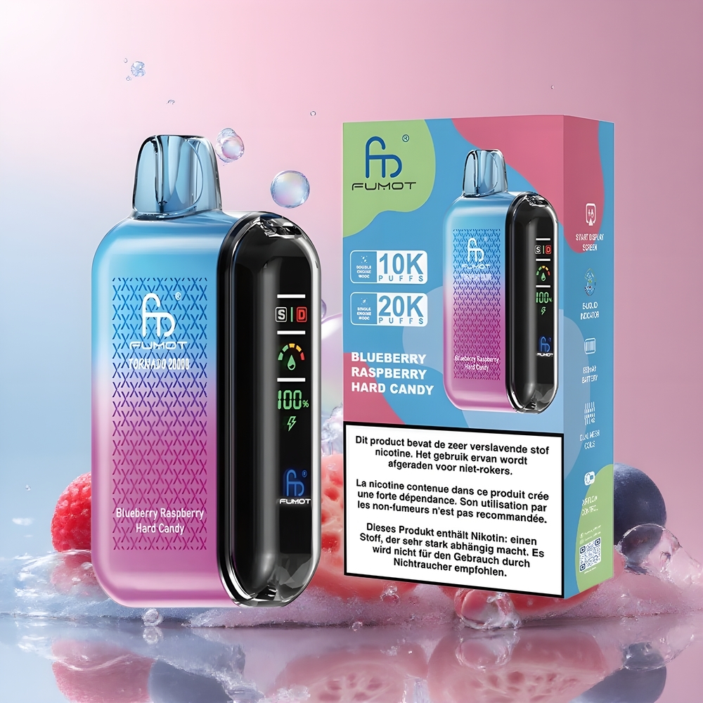 Partihandel Sverige Fumot Tornado 20000 Puffs Blåbär Hallon Hårdgodis Dual Mesh Coil Smart Display