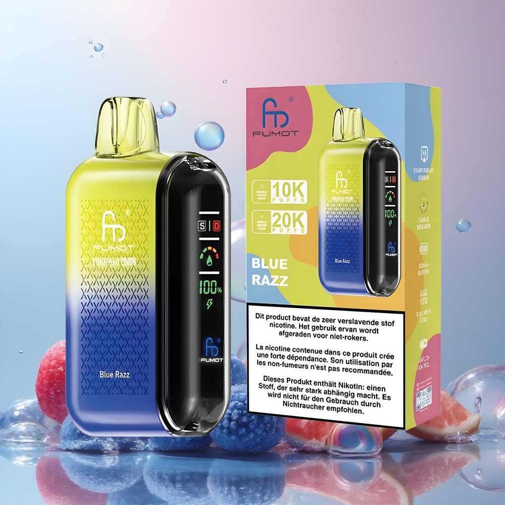 Partihandel Sverige Fumot Tornado 20000 Puffs Dual Mesh Blå Hallon Smart Display