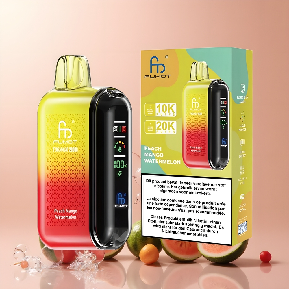 Partihandel Sverige Fumot Tornado 20000 Puffs Dual Mesh Persika Mango Vattenmelon Smart Display