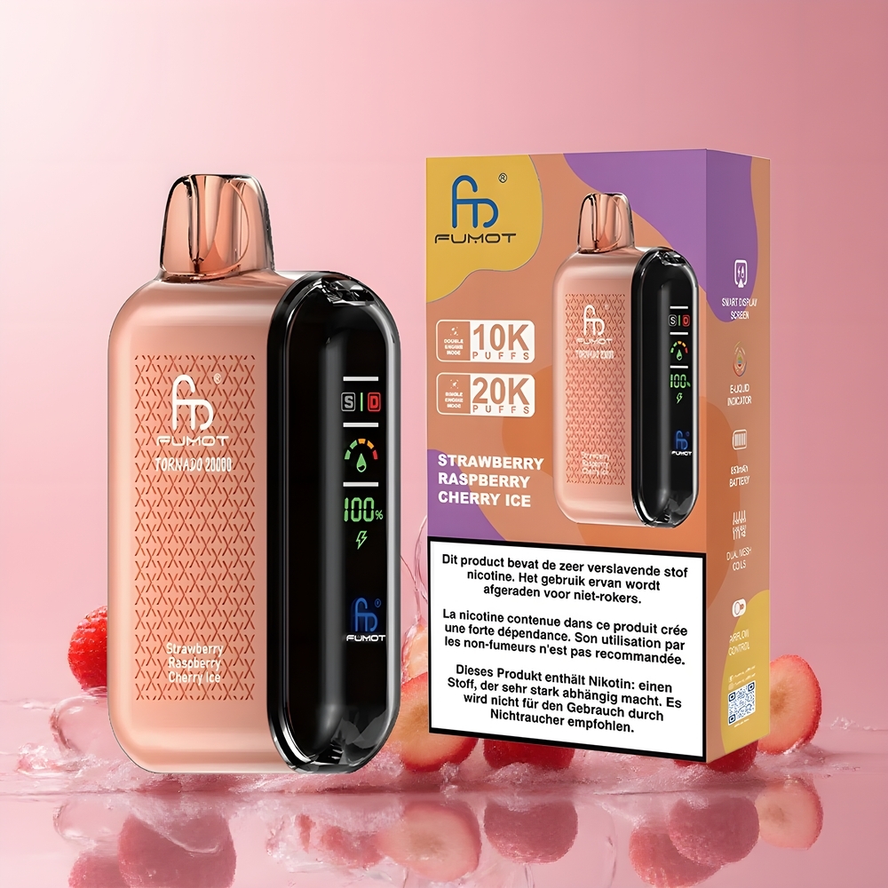 Partihandel Sverige Fumot Tornado 20000 Puffs Jordgubb Hallon Körsbär Is Dual Mesh Coil Smart Display