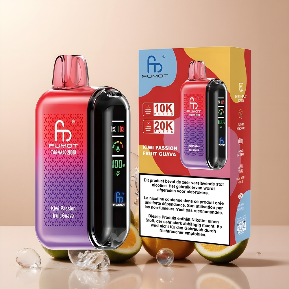 Partihandel Sverige Fumot Tornado 20000 Puffs Kiwi Passionsfrukt Guava Dual Mesh Coil Smart Display