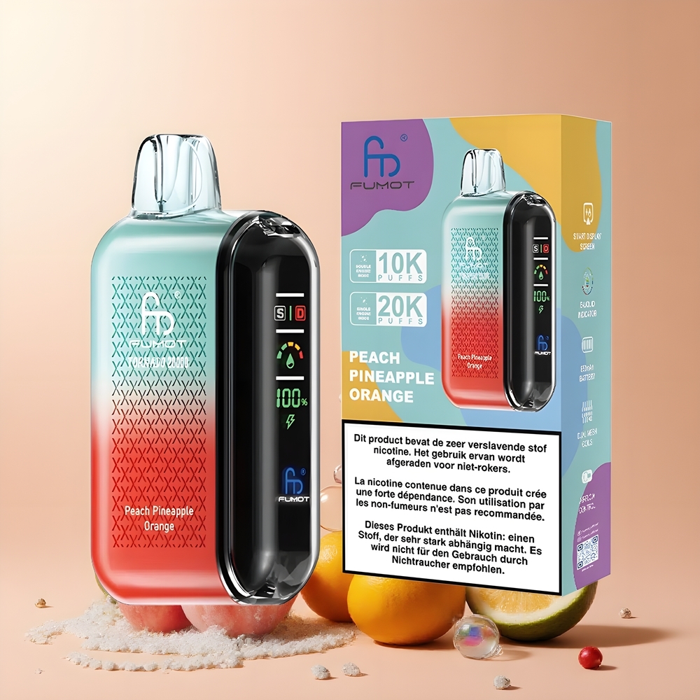 Partihandel Sverige Fumot Tornado 20000 Puffs Persika Ananas Apelsin Dual Mesh Coil Smart Display