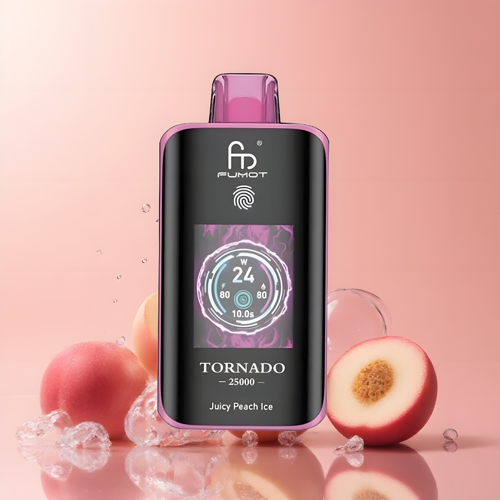 Partihandel Sverige Fumot Tornado 25000 Puffs Juicy Peach Is HD Skärm 700mAh 20ml Type-C