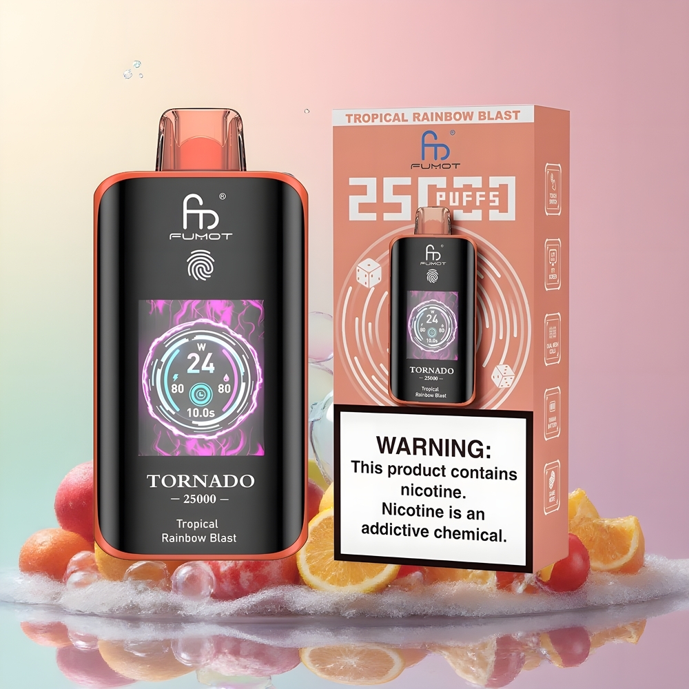 Partihandel Sverige Fumot Tornado 25000 Puffs Tropisk Regnbågsblast HD Skärm 700mAh 20ml Typ-C
