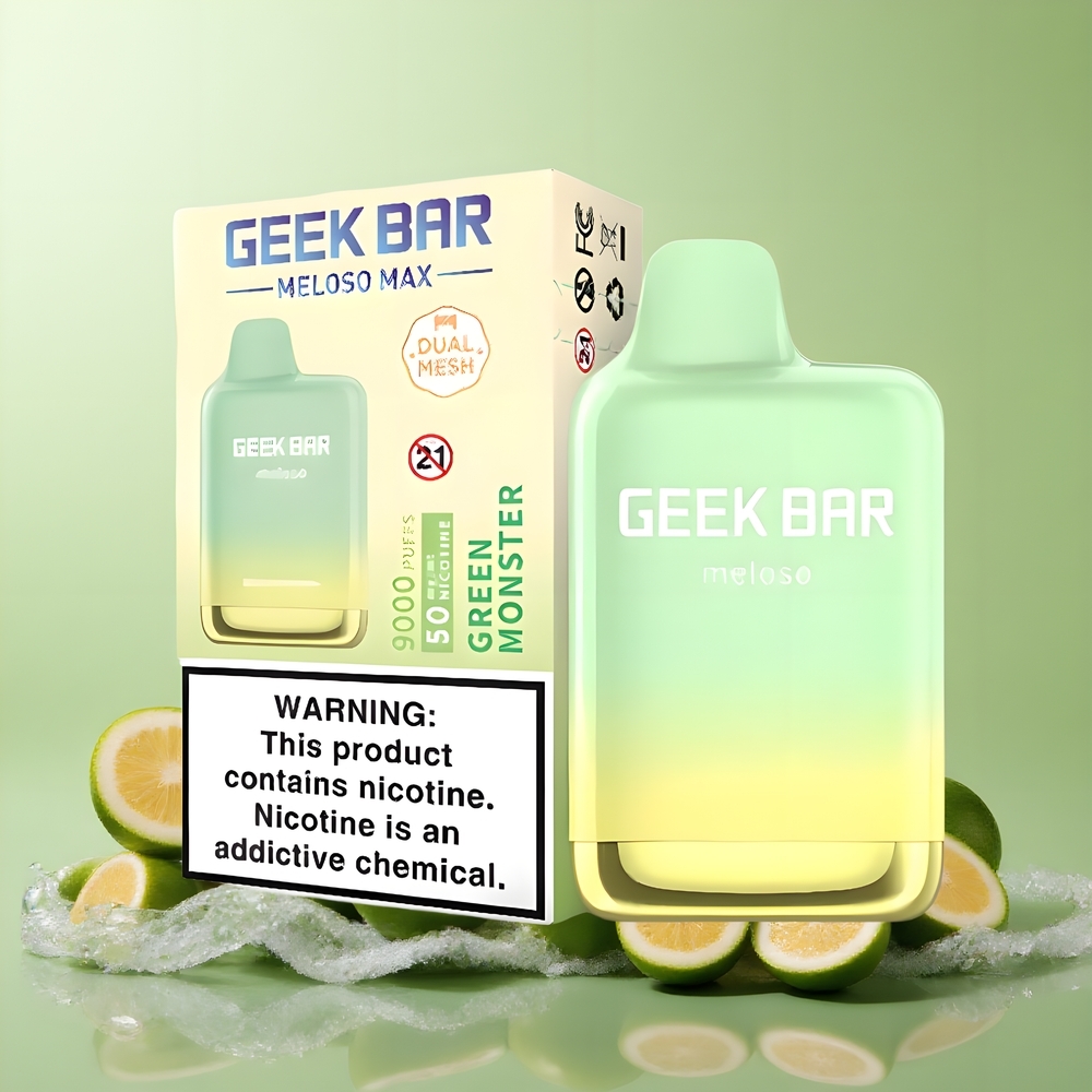 Partihandel Sverige GEEK BAR Meloso Max 9000 Puffs 14ml Grön Monster USB-C Dubbelnätspanna