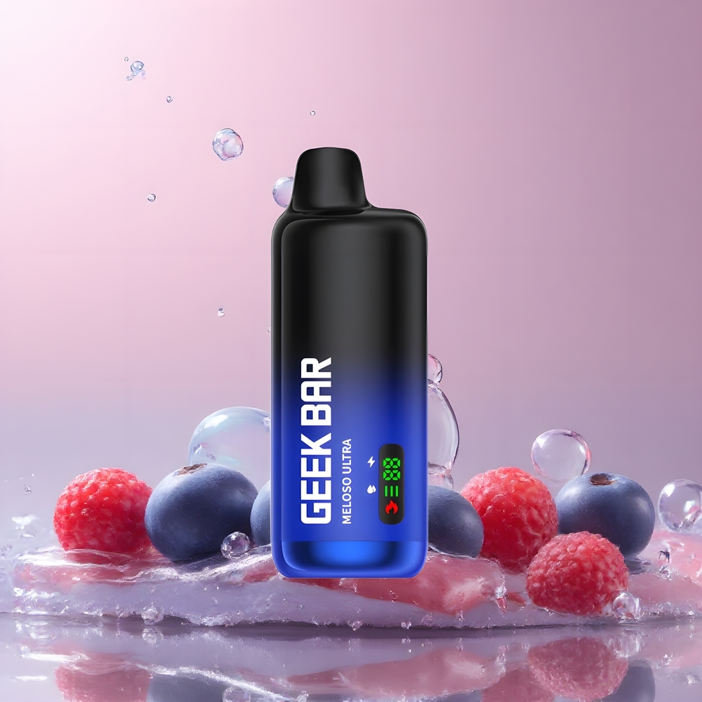 Partihandel Sverige GEEK BAR Meloso Ultra 10000 Puffs Blåbär Sur Hallon USB-C Smart LED Dual Mesh Coil