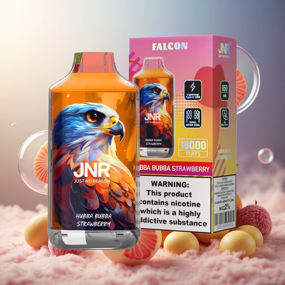 Partihandel Sverige JNR Falcon 16000 Puffs 850mAh 22ml Dubbel Mesh Coil Type C Blixt Hubba Bubba Jordgubb