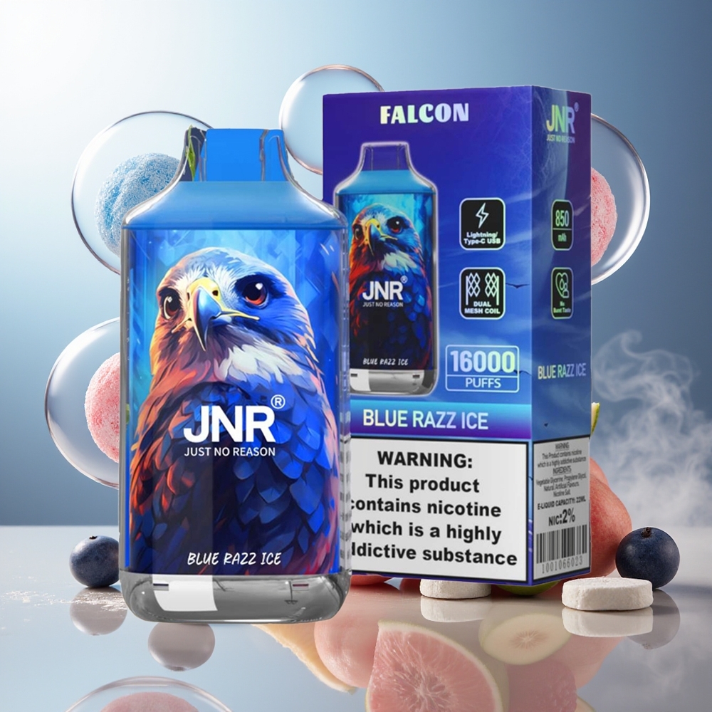Partihandel Sverige JNR Falcon 16000 Puffs Dubbla Nätspolar Blå Hallon Is 850mAh 22ml TypC