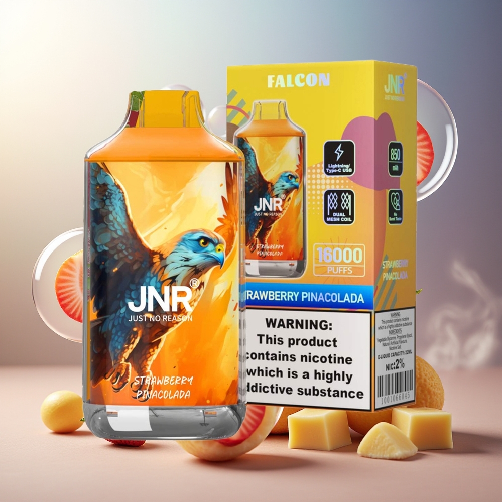 Partihandel Sverige JNR Falcon 16000 Puffs Engångs E-cigaret Jordgubb Pina Colada 850mAh 22ml Coil Typ C Belysning Smart LED 0% 2%