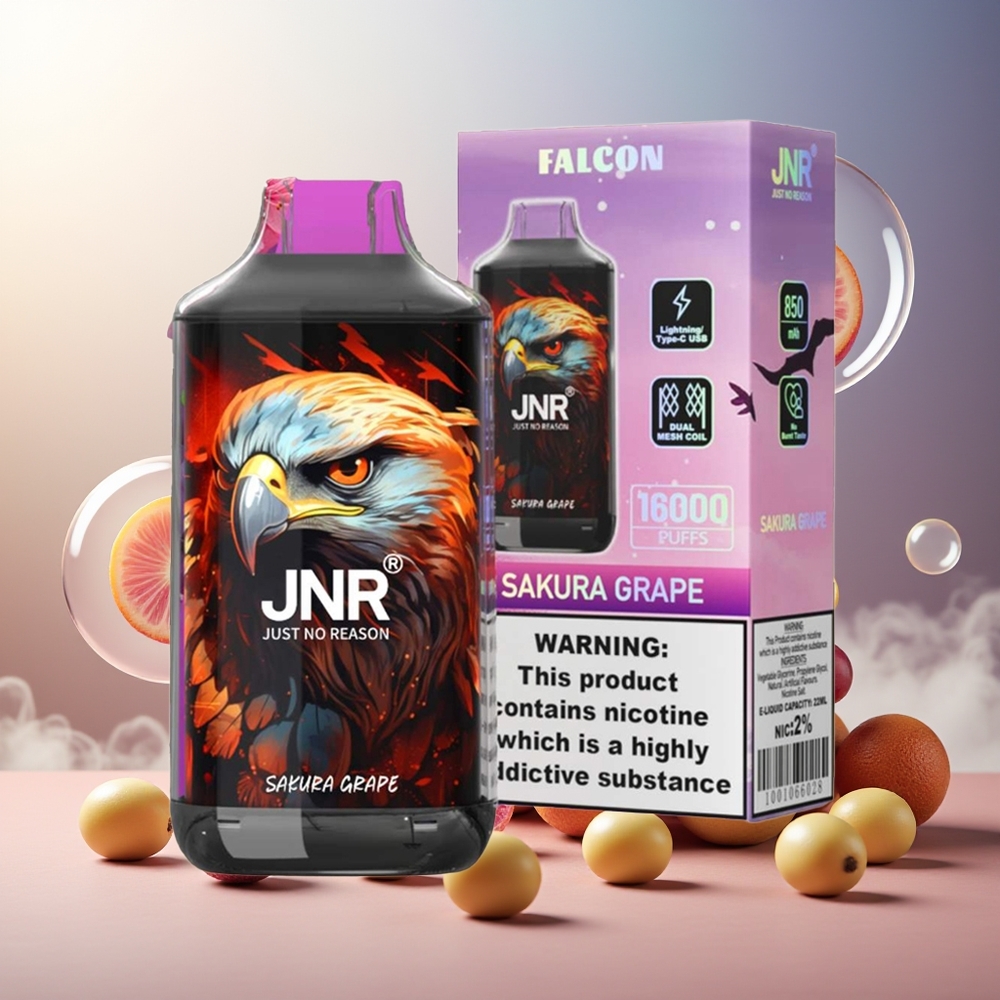 Partihandel Sverige JNR Falcon 16000 Puffs Sakura Druva 850mAh 22ml Coil Type C Lightning Smart LED 0% 2%