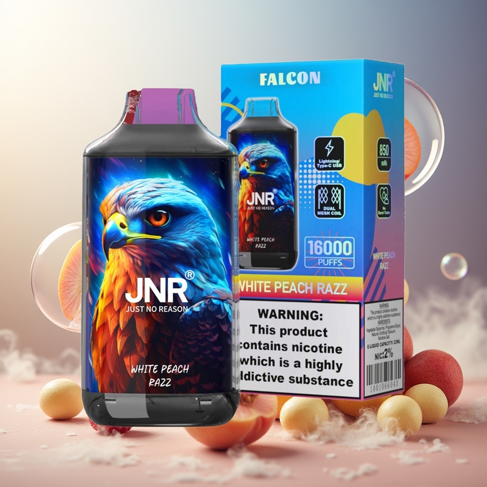 Partihandel Sverige JNR Falcon 16000 Puffs Vit Persika Hallon 850mAh Typ C Blixt Smart LED