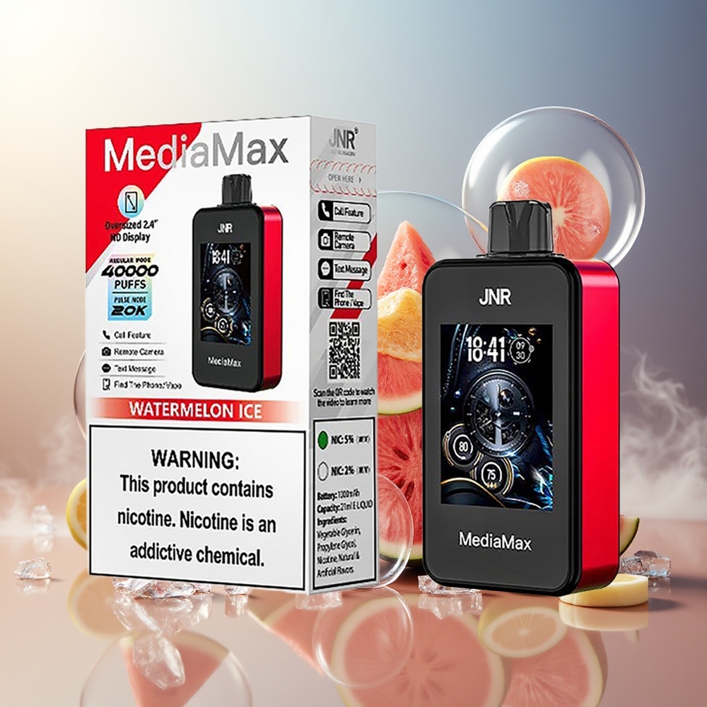 Partihandel Sverige JNR MediaMax 40000 Puffs 21mL 5% Nikotin Vattenmelon Is Type-C 2.4\" Skärm