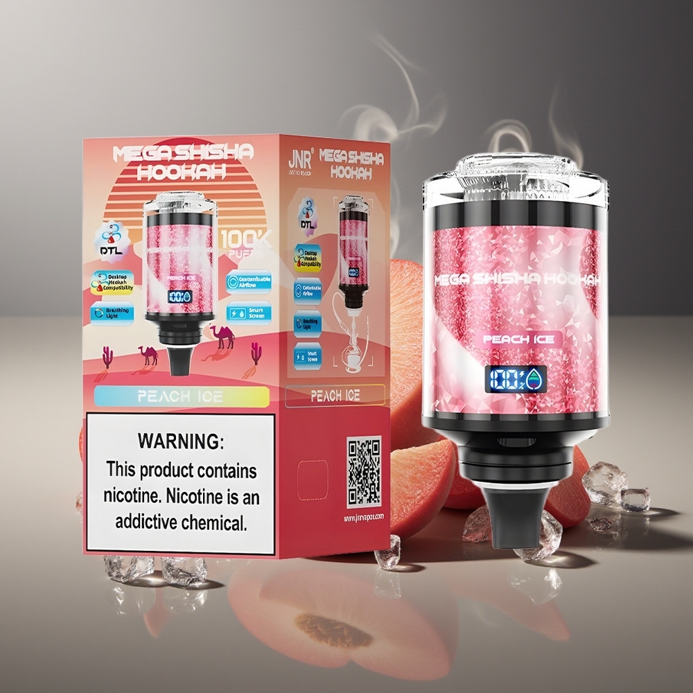 Partihandel Sverige JNR Mega Shisha Hookah 100K Skrivbordskompatibel Persika Is 2200mAh Typ-C 60ml