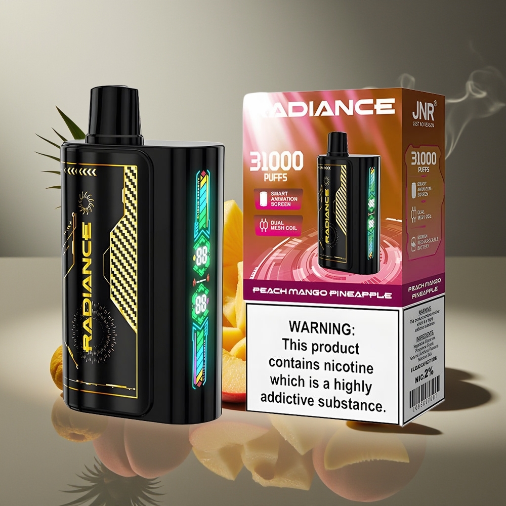 Partihandel Sverige JNR Radiance 31000 Puffs Fleranvändbar E-cigarett Persika Mango Ananas 28ml Dual Mesh Coil 2% Nikotin