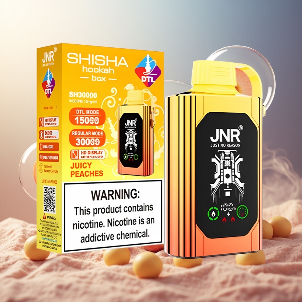 Partihandel Sverige JNR Shisha Hookah Box 20500 Puffs HD Display 25ml Saftiga Persikor Dual Mesh Coil Type-C