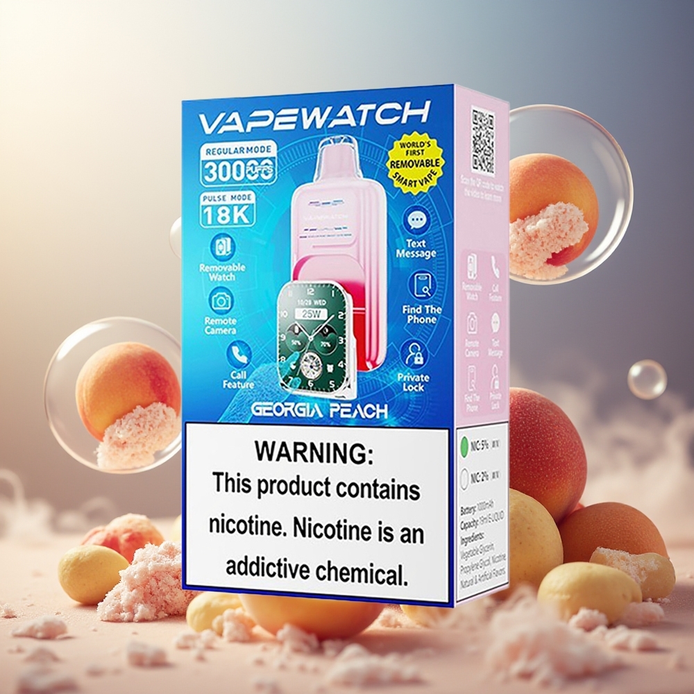 Partihandel Sverige JNR VapeWatch 30000 Puffar Dual Mesh Coil Georgia Persika Type-C
