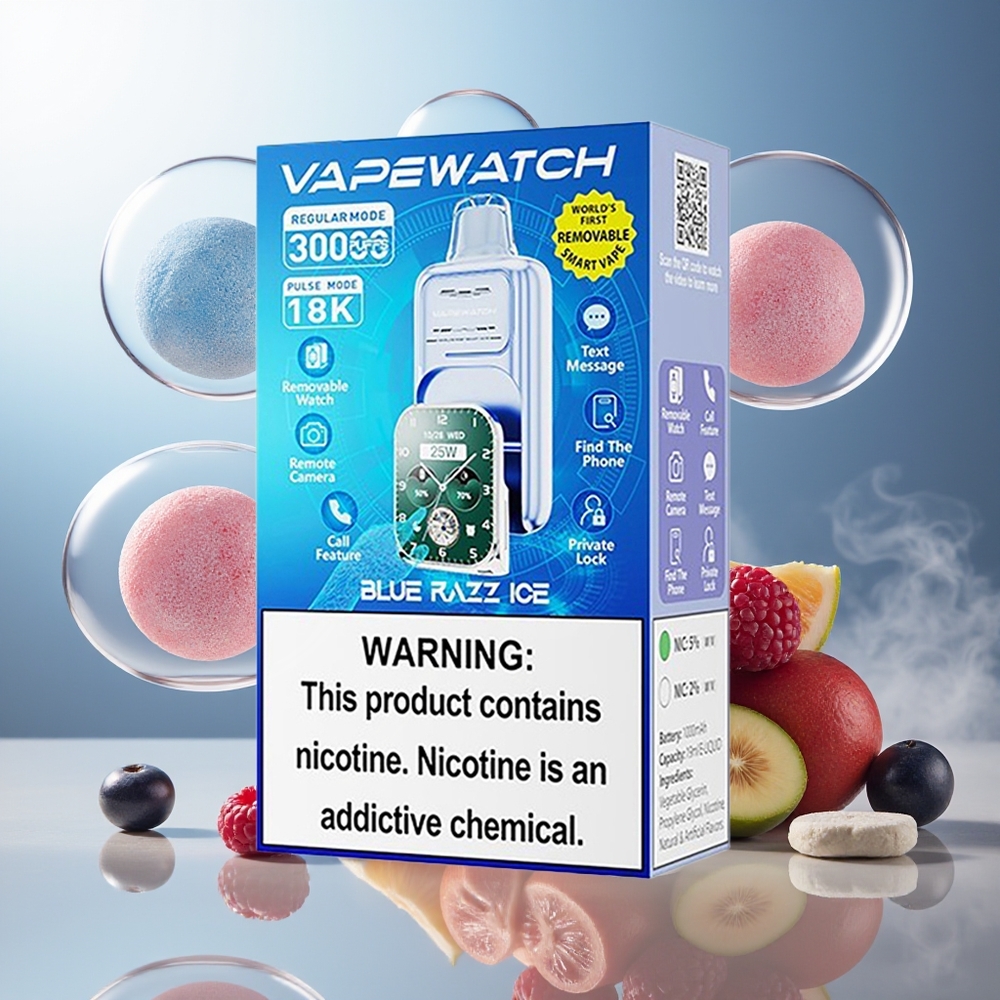 Partihandel Sverige JNR VapeWatch 30000 Puffs 1000mAh Blå Hallon Is Type-C Dual Mesh