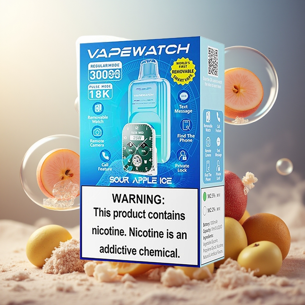 Partihandel Sverige JNR VapeWatch 30000 Puffs Sur Äpple Is 1000mAh 19mL 5% Dual Mesh Coil Type-C