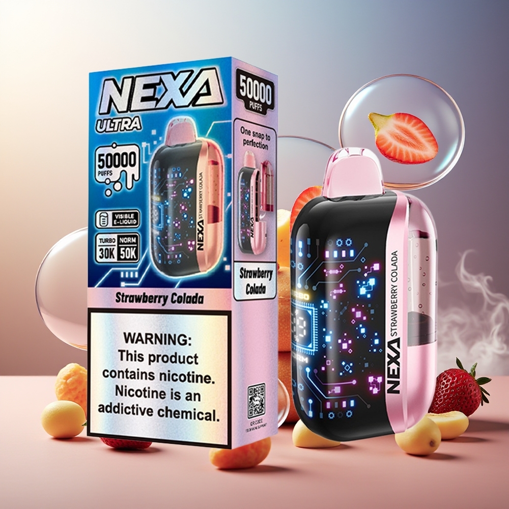 Partihandel Sverige NEXA Ultra 50000 Puffs Jordgubb Colada 20ml 800mAh 5% 0.9ohm Dual Mesh 3D Skärm Typ-C