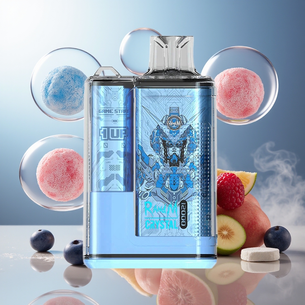 Partihandel Sverige RandM Fumot Crystal 12000 Puffs Engångs Vape Blå Hallon Is med RGB, 20ml, Typ-C