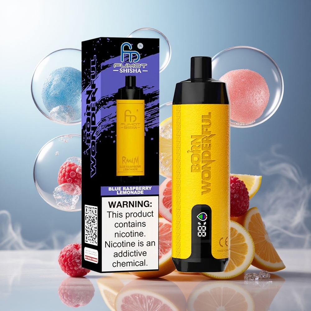 Partihandel Sverige RandM Fumot Shisha 10000 Puffs Blå Hallon Citronad LED Typ-C 0,6ohm