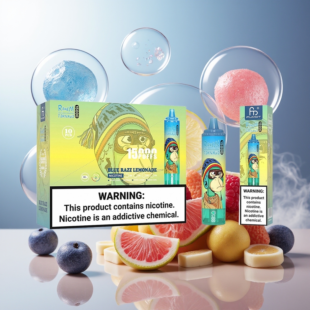 Partihandel Sverige RandM Fumot Tornado 15000 Puffs Blå Hallon Lemonad 25ml 850mAh Mesh LCD Typ-C