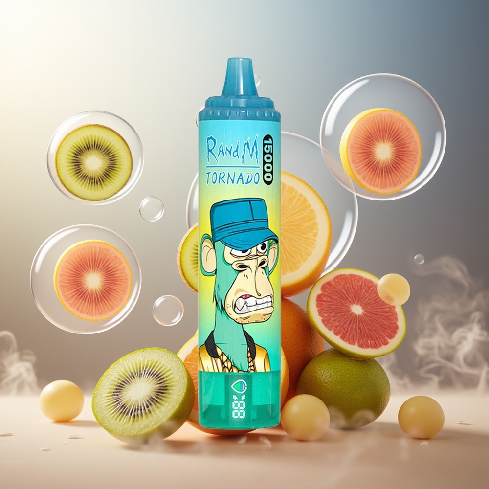 Partihandel Sverige RandM Fumot Tornado 15000 Puffs LCD Typ-C 25ml Kiwi Passionfrukt Guava