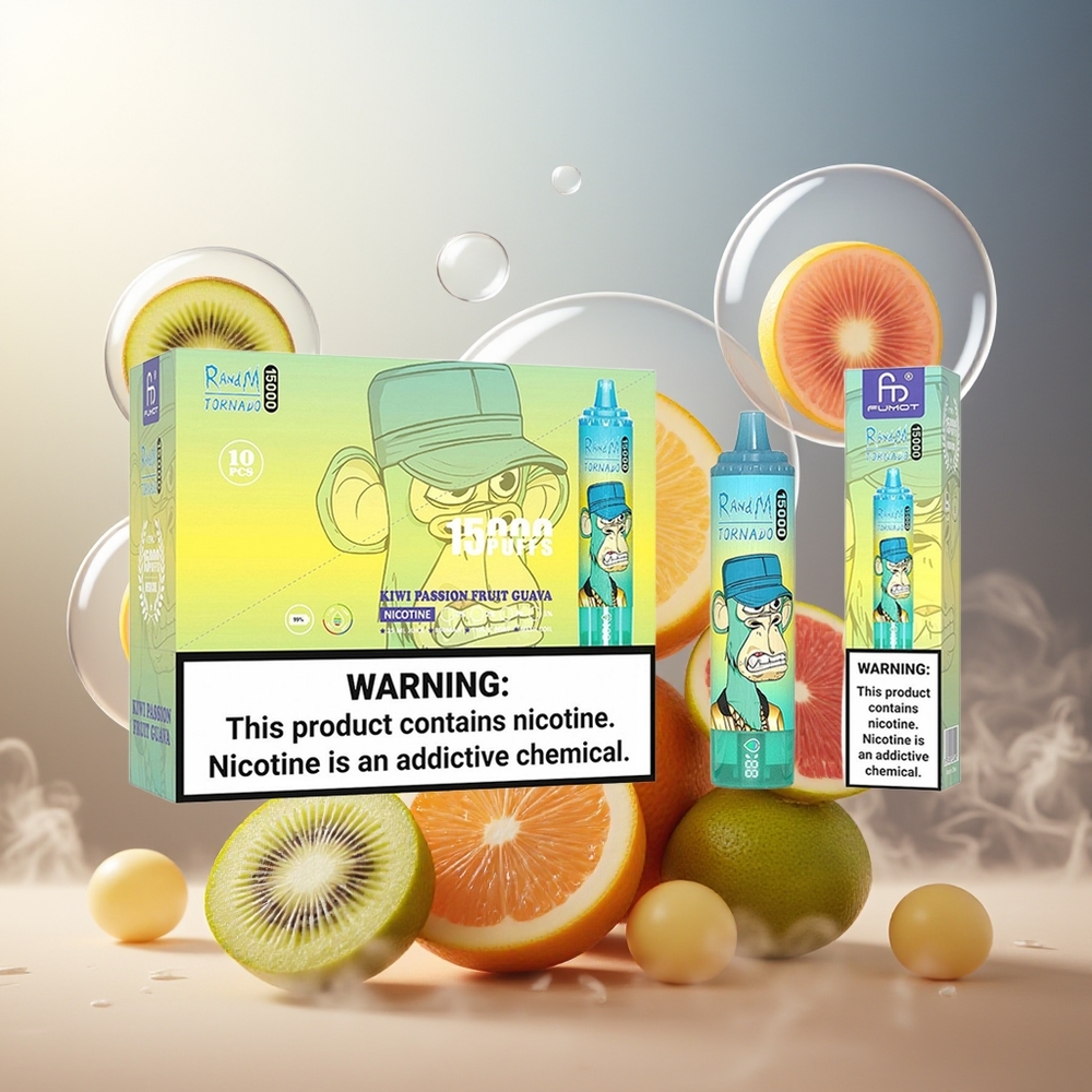 Partihandel Sverige RandM Fumot Tornado 15000 Puffs LCD Typ-C 25ml Kiwi Passionfrukt Guava