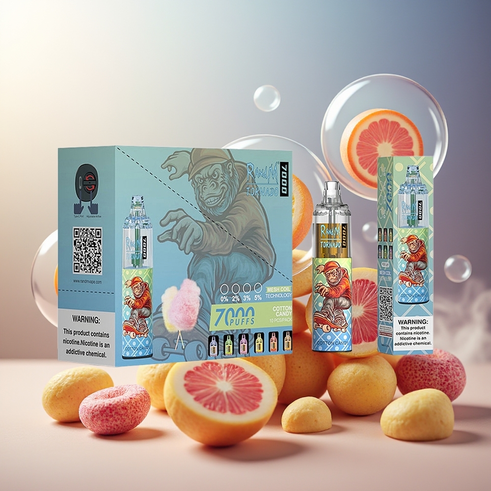 Partihandel Sverige RandM Fumot Tornado 7000 Engångs Vape Bomullsgodis 14ML Mesh Typ-C RGB Luftjusterbar
