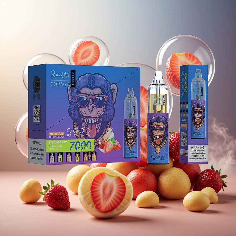 Partihandel Sverige RandM Fumot Tornado 7000 Jordgubb Röd Tjur 14ML Mesh Coil Typ-C RGB Luftjusterbar
