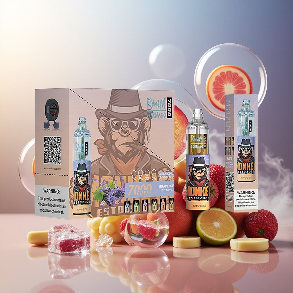 Partihandel Sverige RandM Fumot Tornado 7000 Puffs 14ML Mesh Coil RGB Ljus Grape Is
