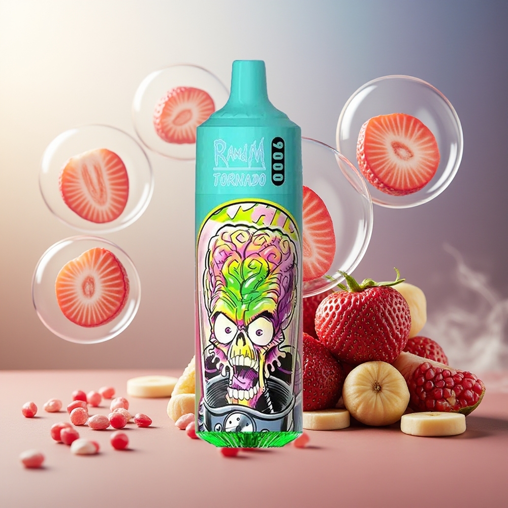 Partihandel Sverige RandM Fumot Tornado 9000 Puffs 18 mL Jordgubb Granat Ätbar Mesh Coil RGB Display