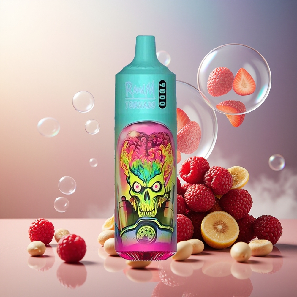 Partihandel Sverige RandM Fumot Tornado 9000 Puffs 18 mL Jordgubb Hallon Mesh Coil RGB