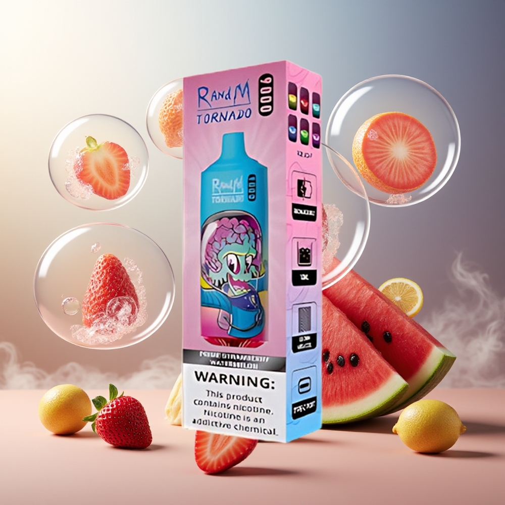 Partihandel Sverige RandM Fumot Tornado 9000 Puffs 18 mL Mesh Coil RGB Display Jordgubb Vattenmelon