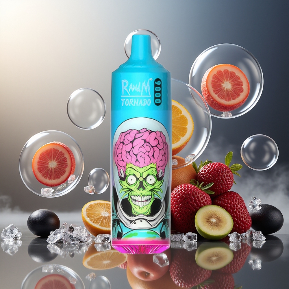 Partihandel Sverige RandM Fumot Tornado 9000 Puffs 18mL Mesh Coil RGB Display Svart Drake Is