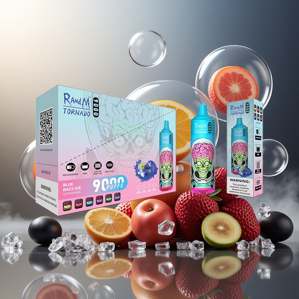 Partihandel Sverige RandM Fumot Tornado 9000 Puffs 18mL Mesh Coil RGB Display Svart Drake Is