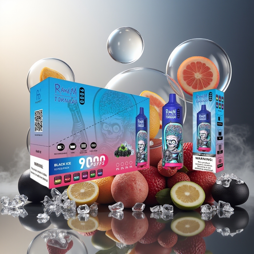 Partihandel Sverige RandM Fumot Tornado 9000 Puffs 18mL Mesh RGB Display 54 Smaker Svart Is
