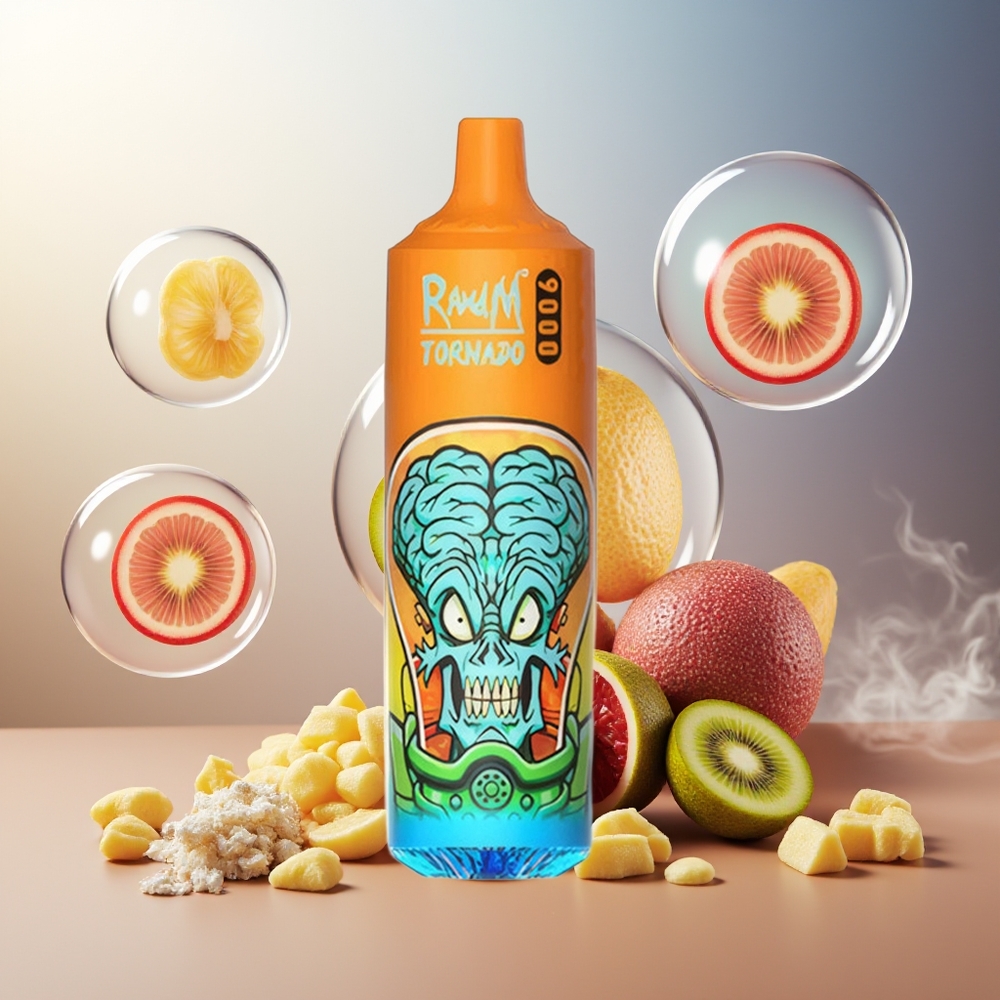 Partihandel Sverige RandM Fumot Tornado 9000 Puffs 18mL Mesh RGB Display Kiwi Passionfrukt Guava