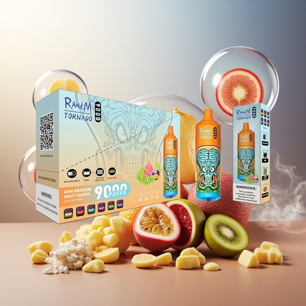 Partihandel Sverige RandM Fumot Tornado 9000 Puffs 18mL Mesh RGB Display Kiwi Passionfrukt Guava