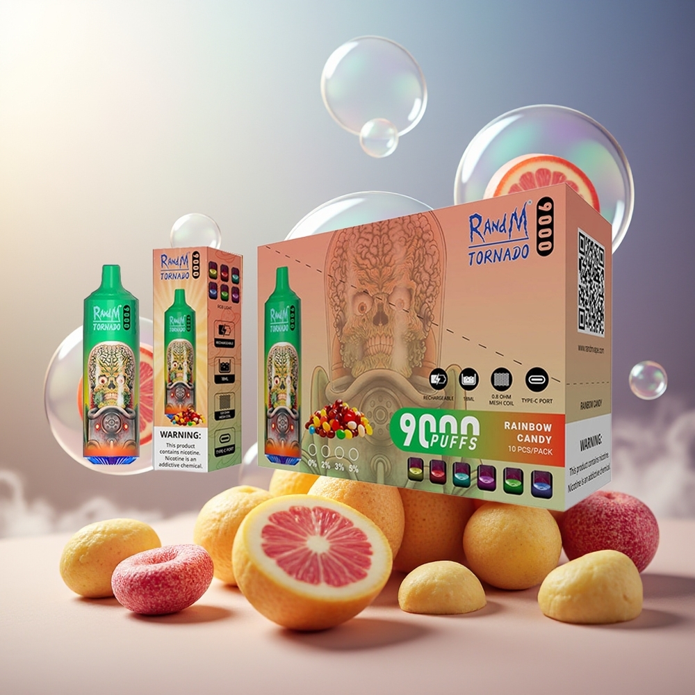 Partihandel Sverige RandM Fumot Tornado 9000 Puffs 18mL Regnbågens Godis