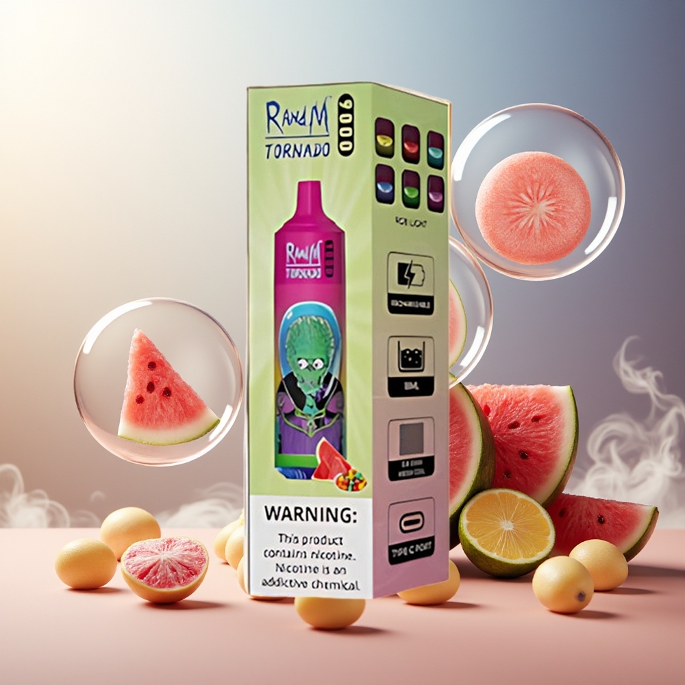 Partihandel Sverige RandM Fumot Tornado 9000 Puffs 18mL Vattenmelon Tuggummi Mesh RGB Display