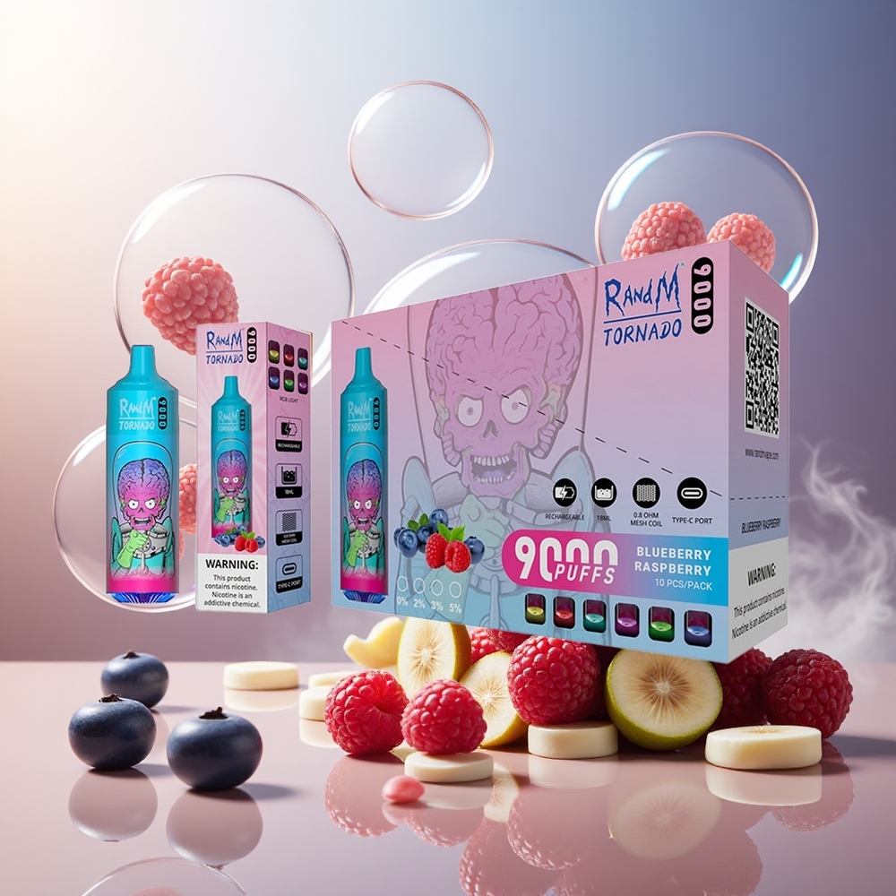 Partihandel Sverige RandM Fumot Tornado 9000 Puffs 850 mAh 18 mL Mesh Blåbär Hallon