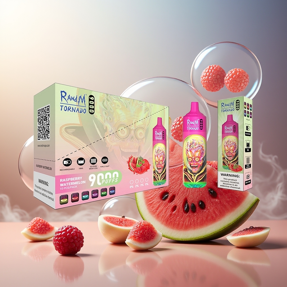 Partihandel Sverige RandM Fumot Tornado 9000 Puffs 850mAh 18mL Mesh Coil RGB Hallon Vattenmelon